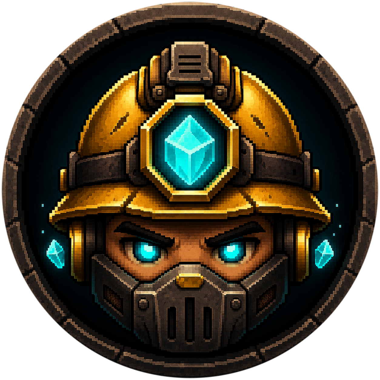 BurrowBits Miner portrait with a glowing CORE crystal
